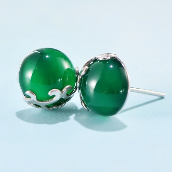 Dark Jade Natural Stone 10mm Stud Earring on Sterling Silver - Picture 4 of 9